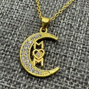 Gold Crescent Moon MOM Pendant Necklace